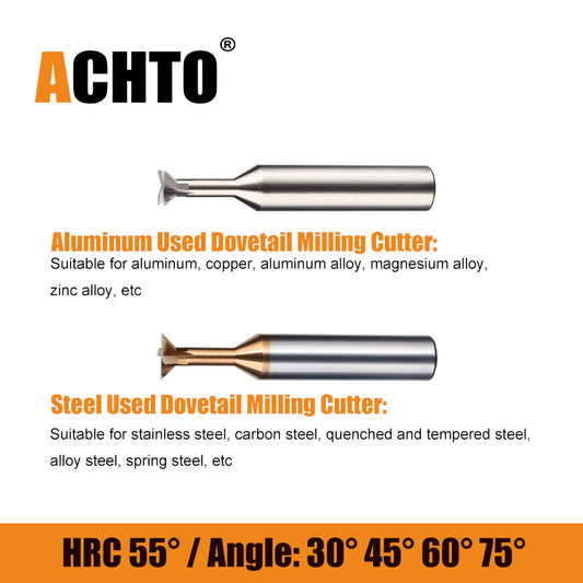 ACHTO Carbide Dovetail Milling Cutter 30/45/60 Degree Straight Shank Carbide End Mill 1.5-20mm Dia Tungsten Steel Machining Tool for Metal Stainless Steel Alloy Steel Carbon Steel
