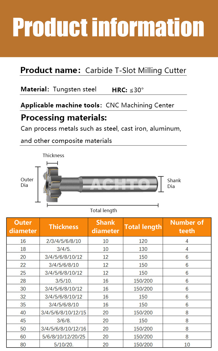 ACHTO T Slot Cutter End Mill 120 150 200 Length for Cutting Aluminum Alloy Tungsten Steel 4 Flutes Milling
