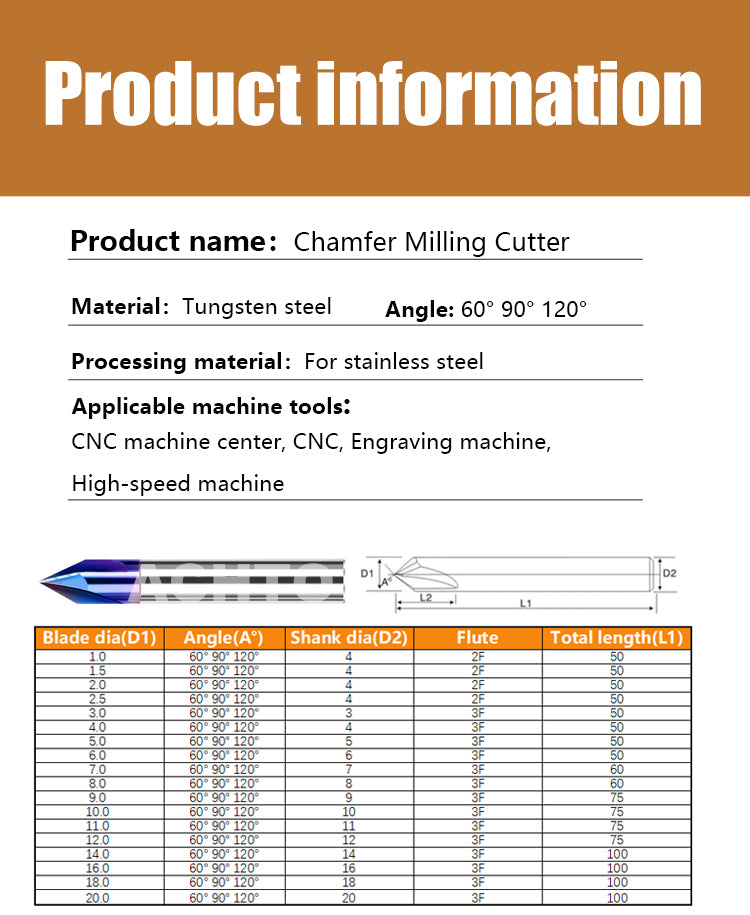 ACHTO Blue Naco 60 90 120 Degree Chamfer Milling Cutter HRC 65 for Stainless Steel Metalworking Processed