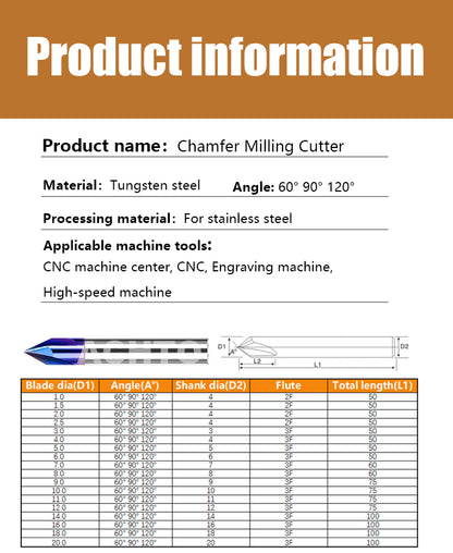 ACHTO Blue Naco 60 90 120 Degree Chamfer Milling Cutter HRC 65 for Stainless Steel Metalworking Processed