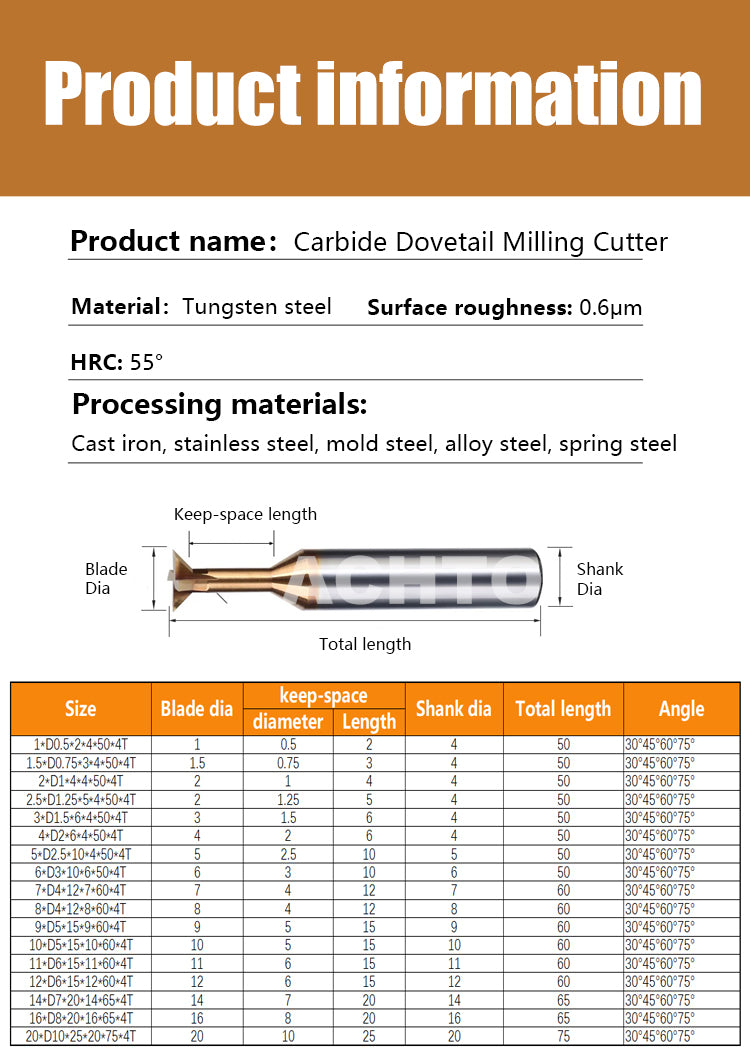 ACHTO Carbide Dovetail Milling Cutter 30/45/60 Degree Straight Shank Carbide End Mill 1.5-20mm Dia Tungsten Steel Machining Tool for Metal Stainless Steel Alloy Steel Carbon Steel