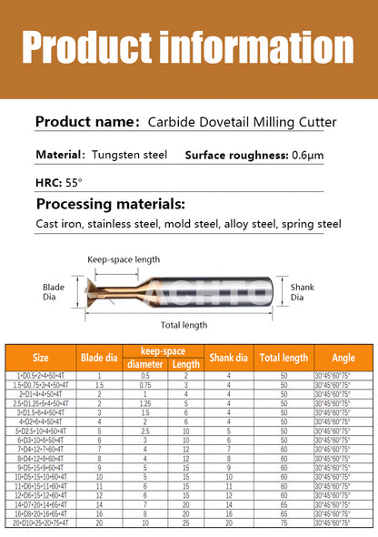 ACHTO Carbide Dovetail Milling Cutter 30/45/60 Degree Straight Shank Carbide End Mill 1.5-20mm Dia Tungsten Steel Machining Tool for Metal Stainless Steel Alloy Steel Carbon Steel